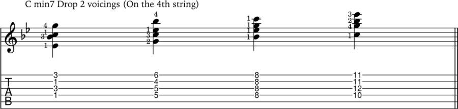 C minor 7 drop 2 chords on the 4th string
