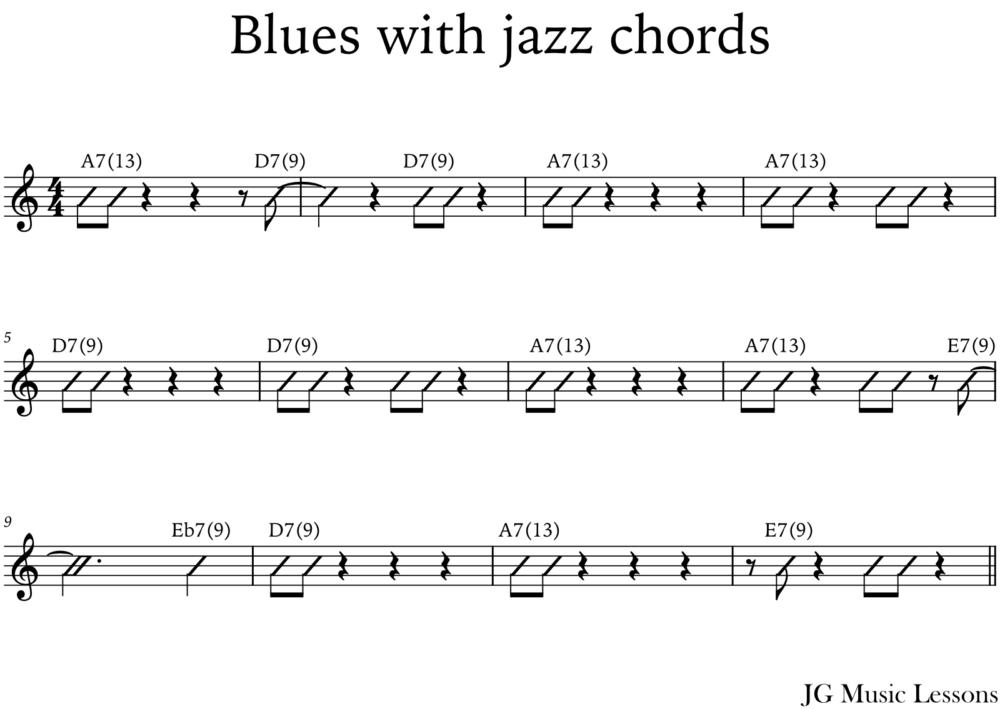 Lead sheet for rhythm of a 12 bar blues with jazz chords