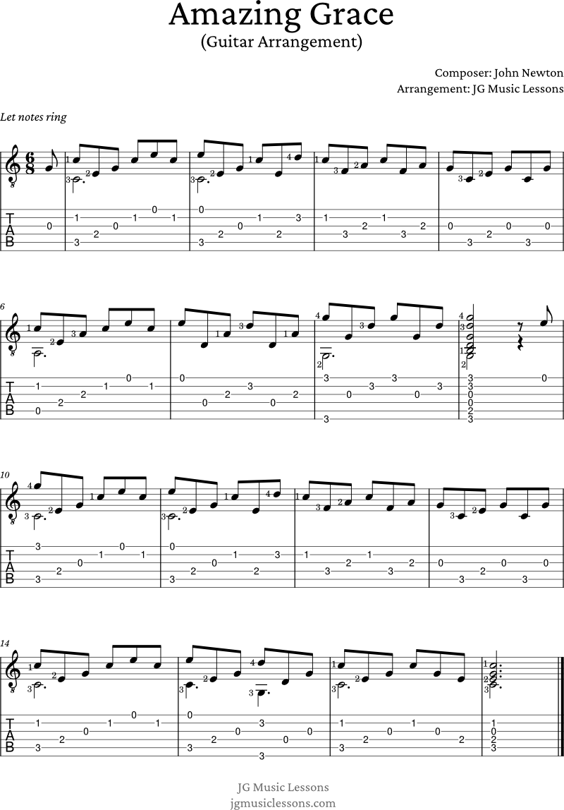 Amazing Grace guitar tabs for arrangement