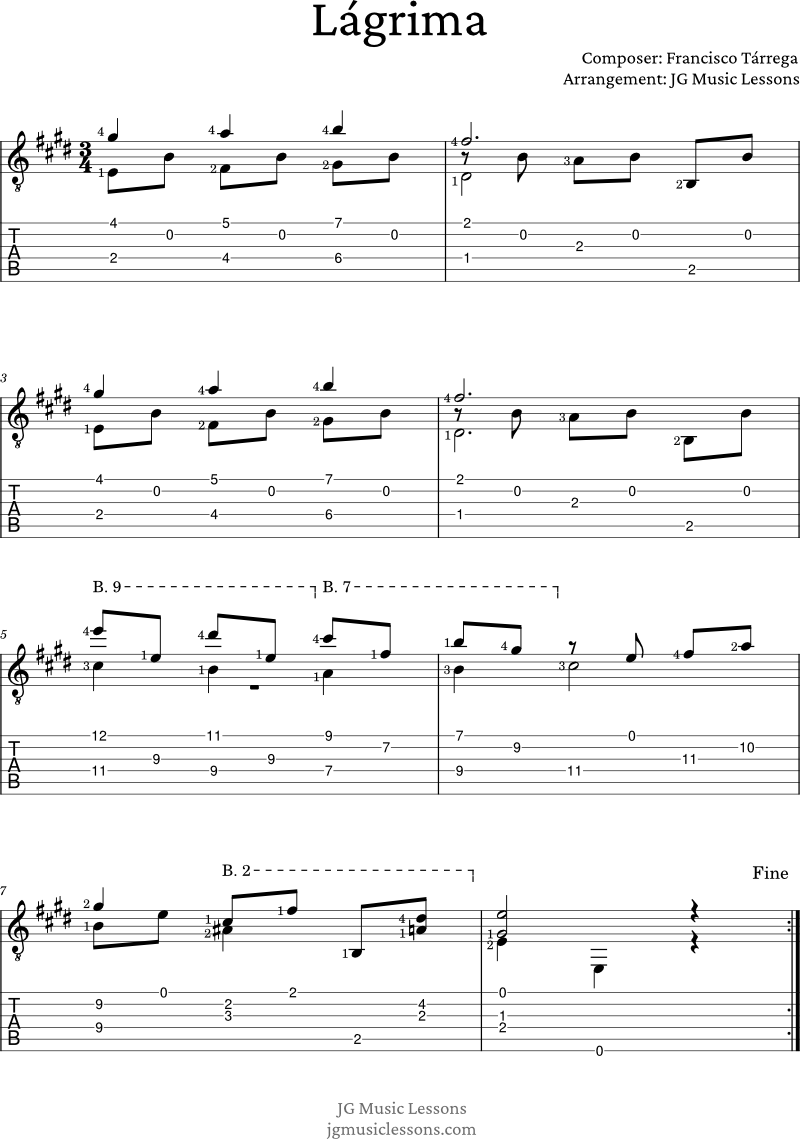 Lagrima by Tarrega guitar tabs page 1