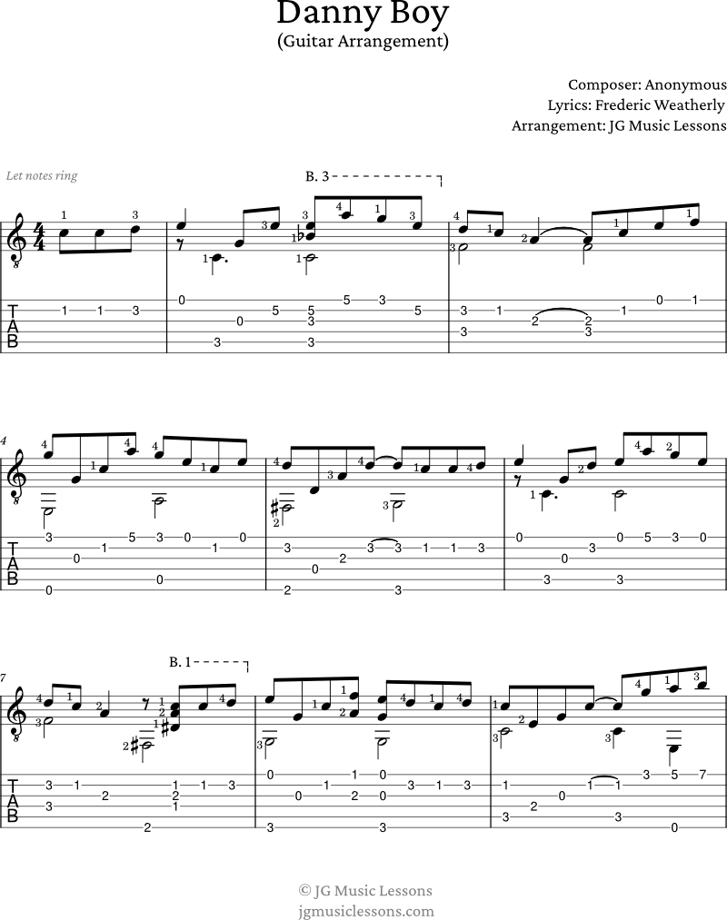 Danny Boy guitar tabs arrangement page 1