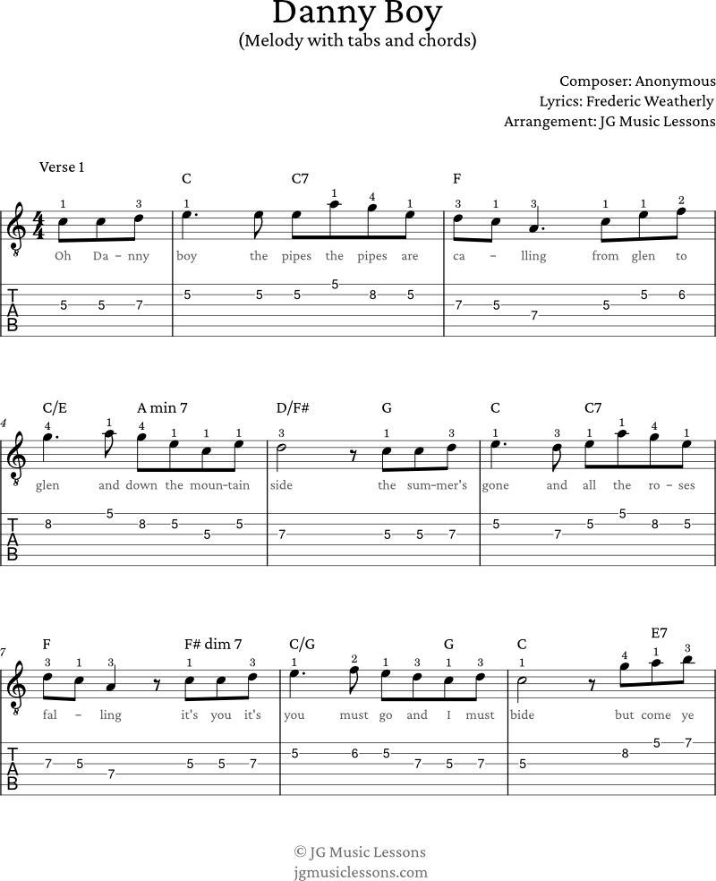 Danny Boy guitar tabs melody page 1