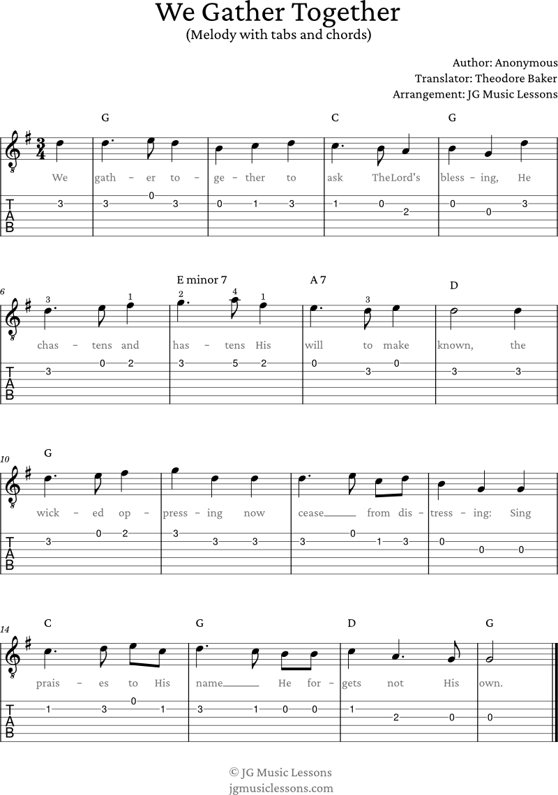 We Gather Together melody with tabs and chords 