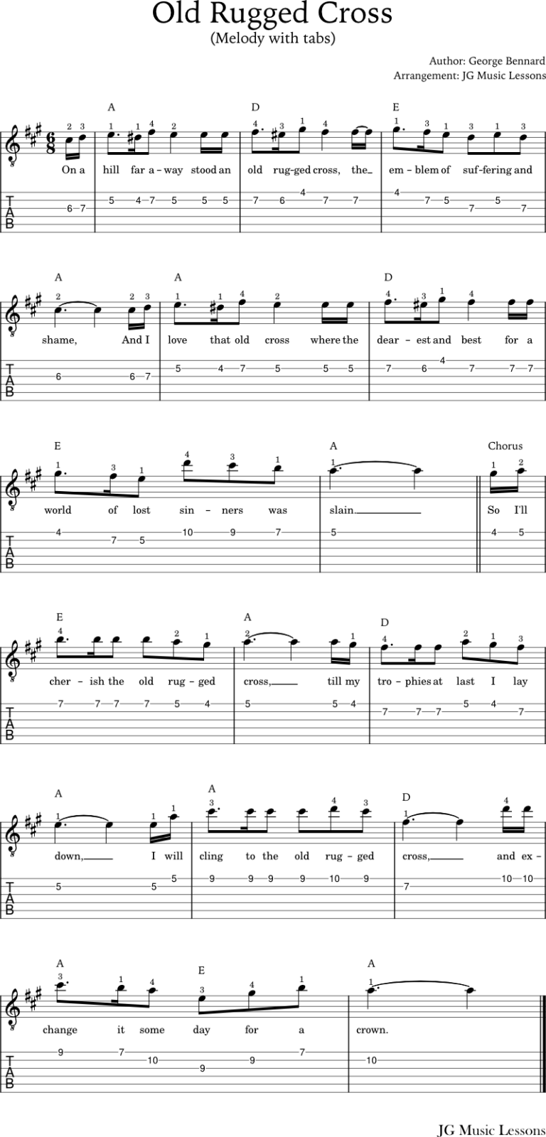 Old Rugged Cross Guitar Chords Tabs And Arrangement Jg Music Lessons