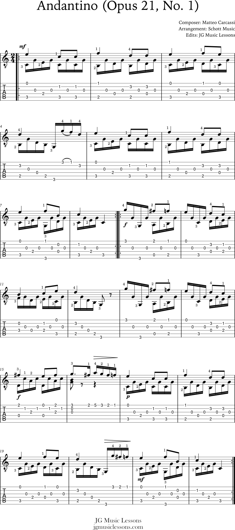 Andantino Opus 21, No. 1 Carcassi guitar tabs